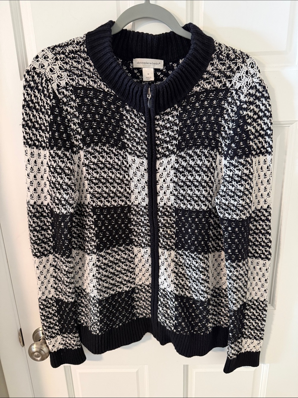 Christopher & Banks Black White Checkered
Full Zip Sweater Jacket Size Medium
